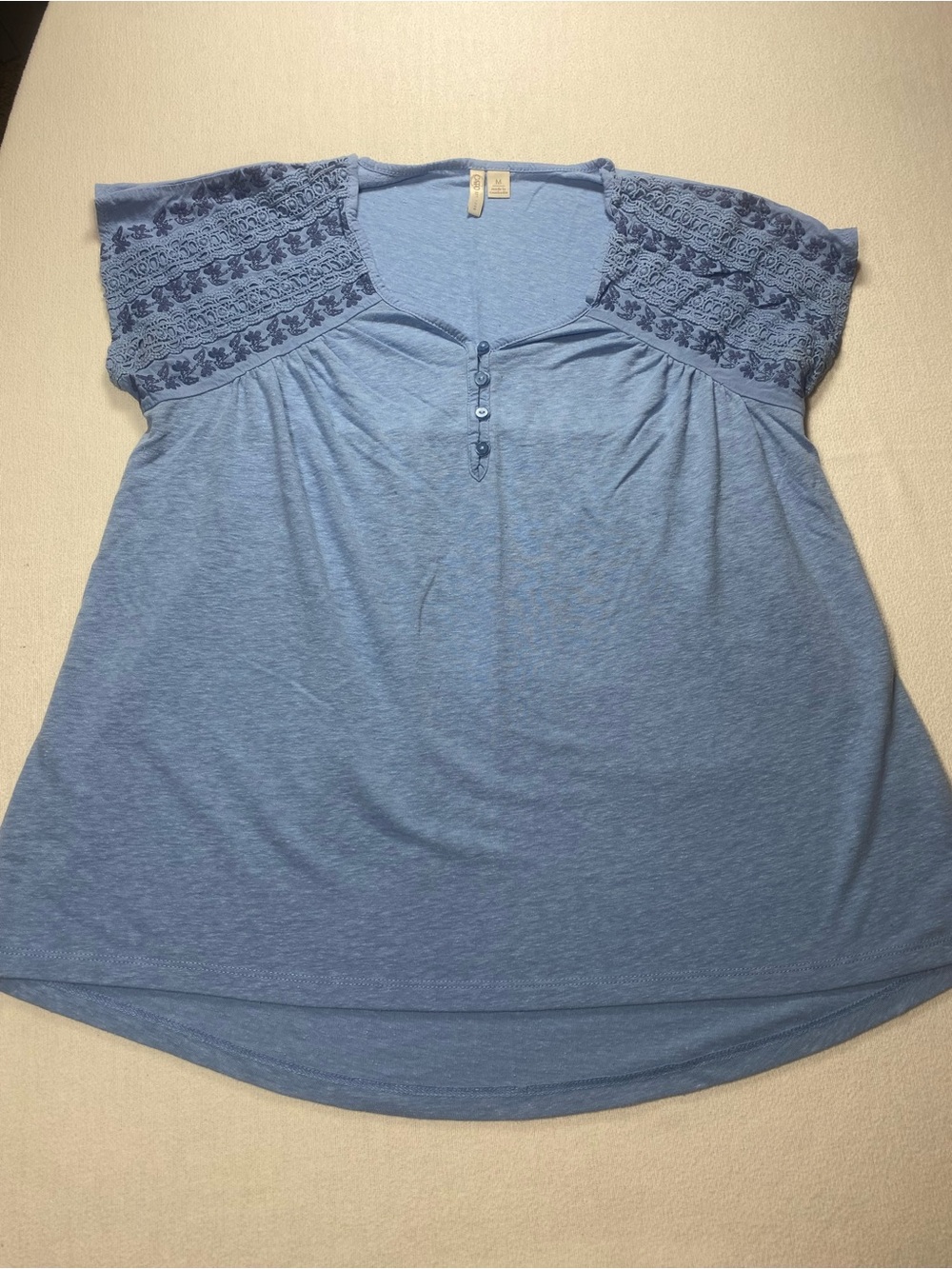 Cato Light Blue Embroidered Short Sleeve Henley Blouse